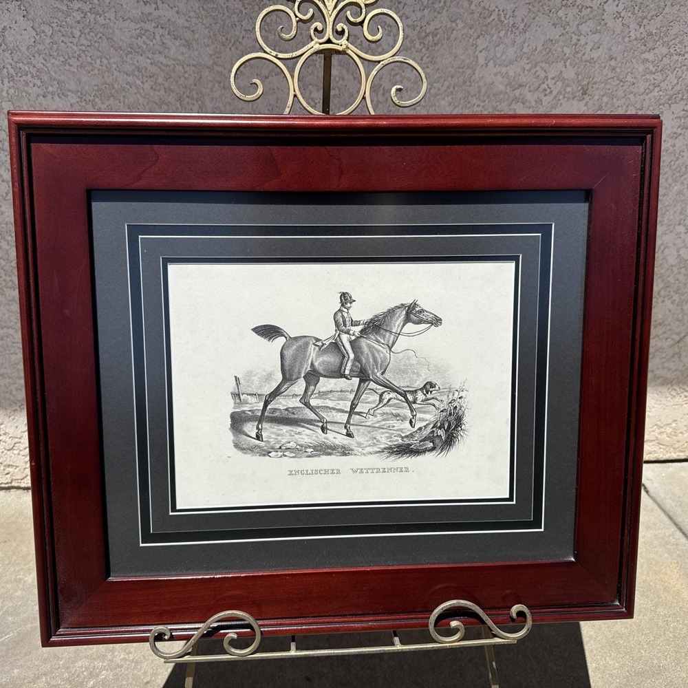 Print of an English Race Horse Hunting Dog Matted Framed Under Glass 21.5x25.5"